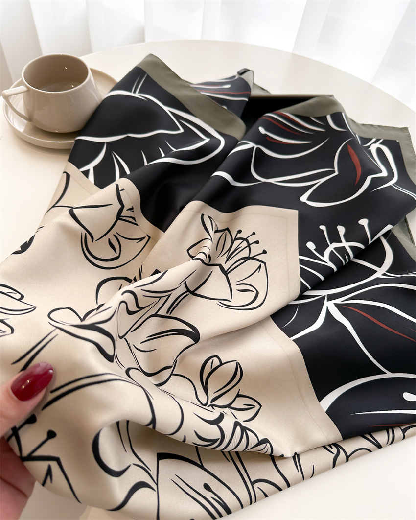 National trend retro printed artistic silk scarf, 90cm twill silk scarf, lotus flower fashionable large square scarf, sun protection shawl headscarf pic 10