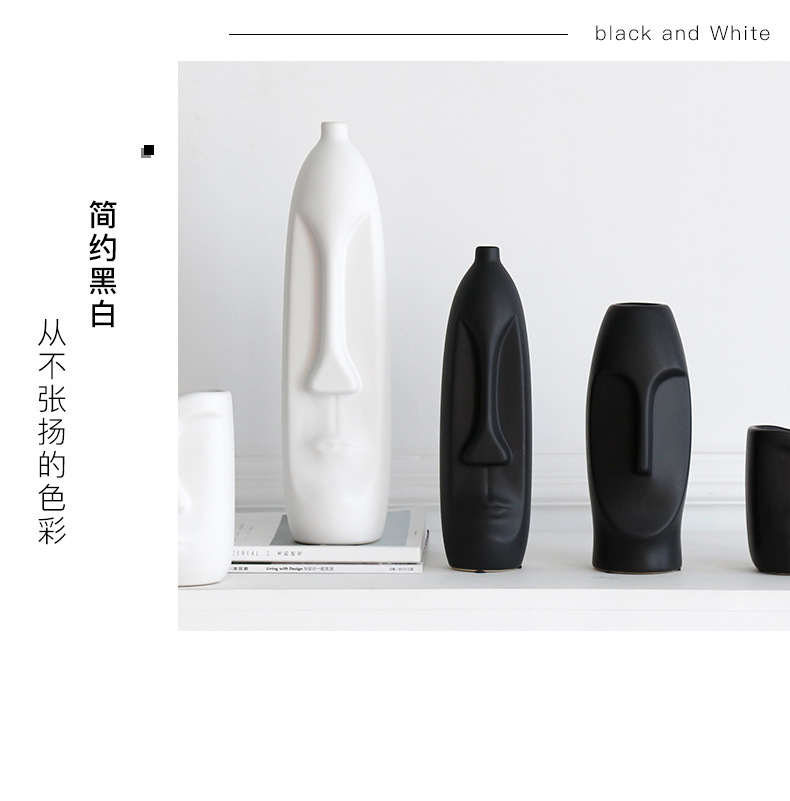 2026 Nordic creative simple black and white Ceramic vase, InS-style living room dried flower arrangement, face art decorative item pic 7