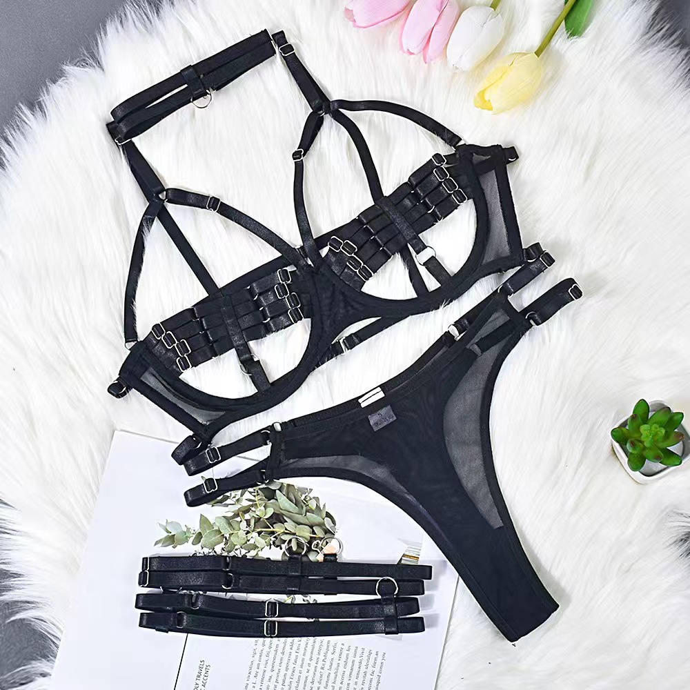跨境内衣钢圈性感情趣套装绑带欧美专供文胸lingerie 四件套腿环详情5