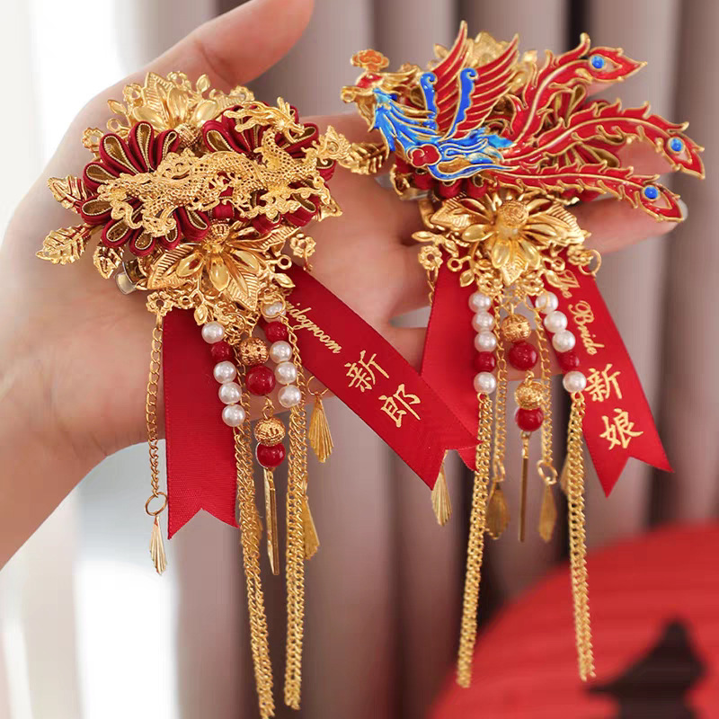 结婚胸花婚礼批发新郎新娘胸花全套飘带父母伴娘伴郎胸针中式襟花详情5