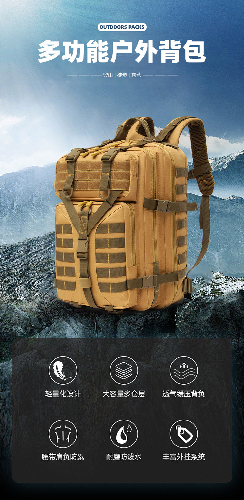 跨境战术包野外露营包登山包迷彩双肩包大容量高级感户外徒步背包详情1