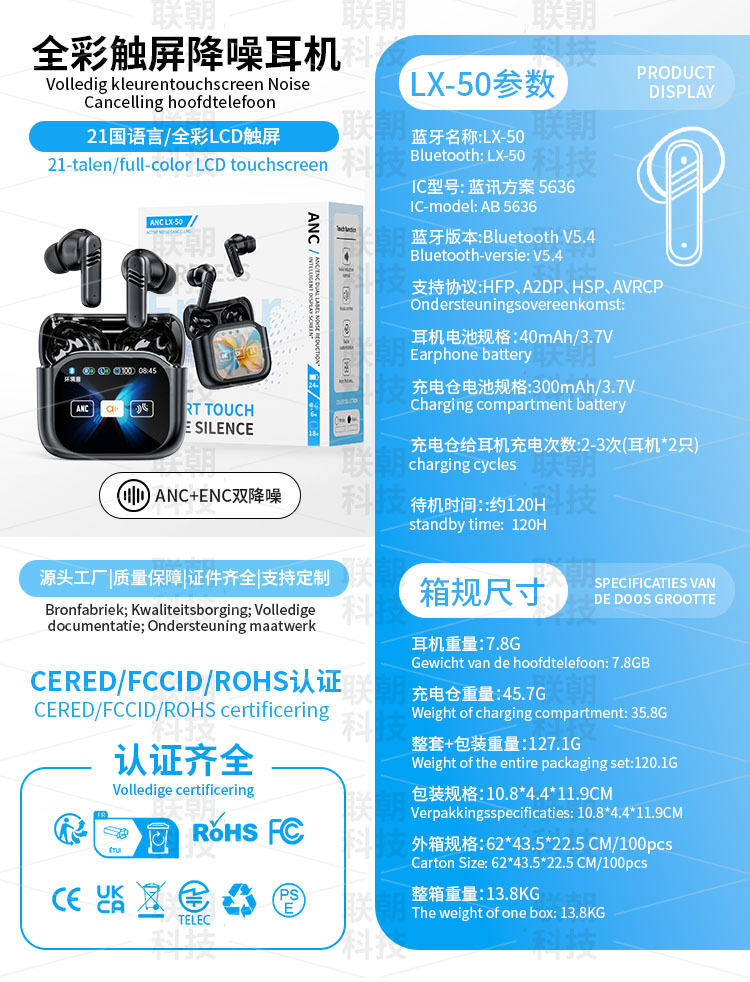 New cross-border ai translation noise-cancelling wireless TWS smart touch color screen Bluetooth headphones in-ear style pic 2