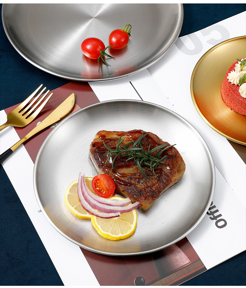 304 Korean-style stainless steel barbecue plate, round and simple buffet plate, metal tray, barbecue fruit and dessert plate pic 17
