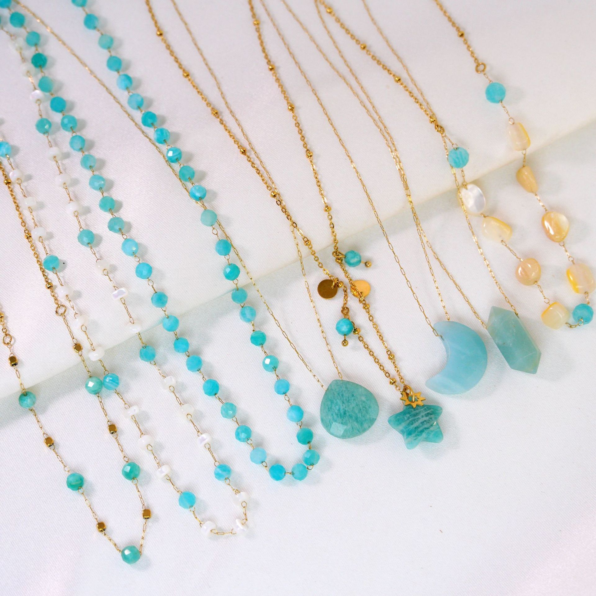 跨境ins时尚轻奢蓝色系列天河石不锈钢14K金项链简约高级手工项链详情2