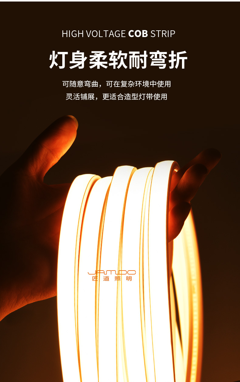 跨境cob灯带led条自粘220V户外防水高压灯条110v家用硅胶柔性灯帶详情4