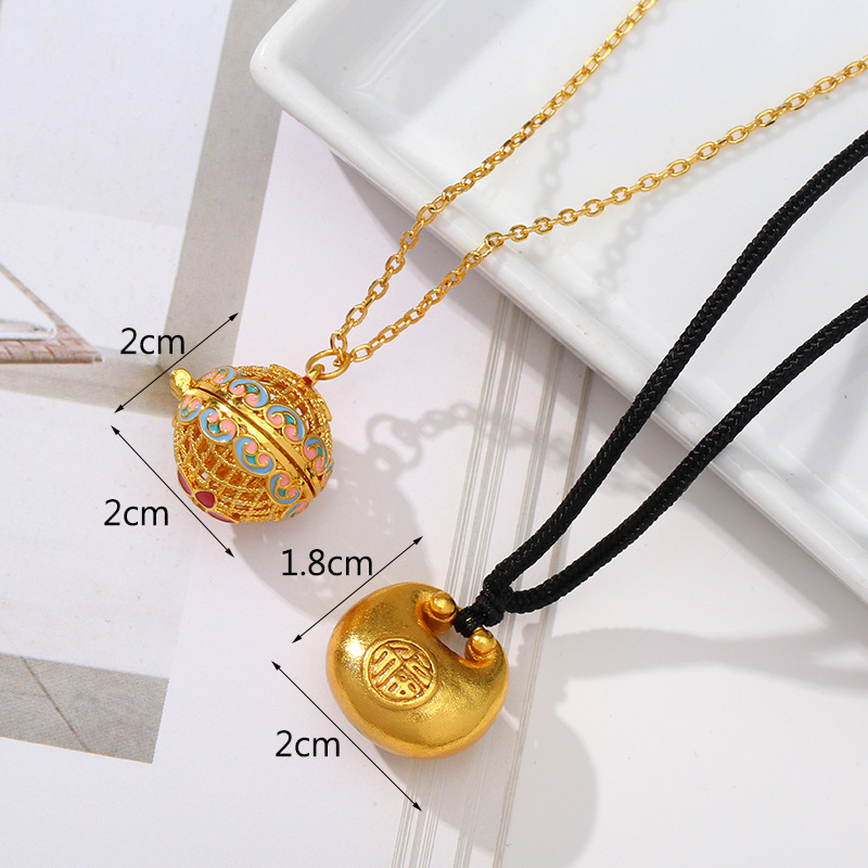 爆款新中式平安锁黑绳项链沙金黄铜吊坠金色福袋挂饰挂件现货批发详情7