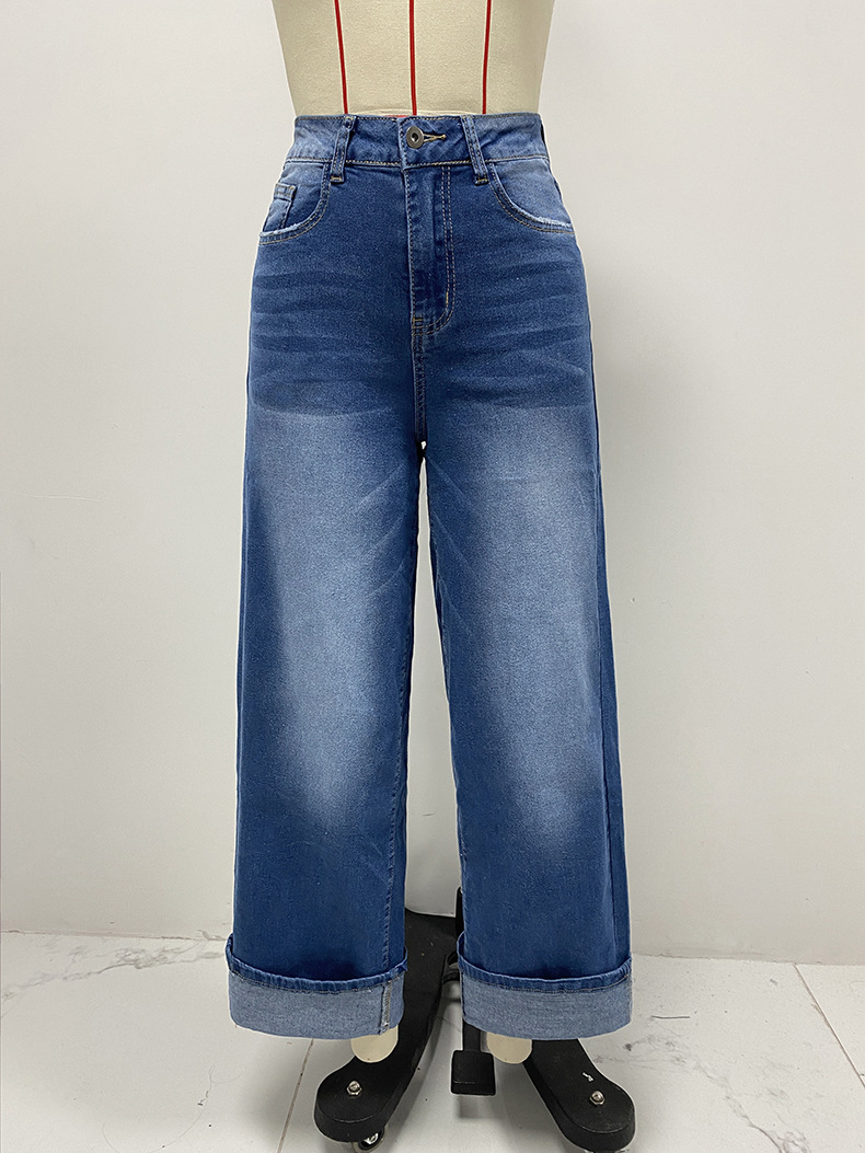 Spring 2025 new cross-border fashion high-waisted, rolled-up straight-leg jeans for women and casual wide-leg pants from Europe and America pic 5