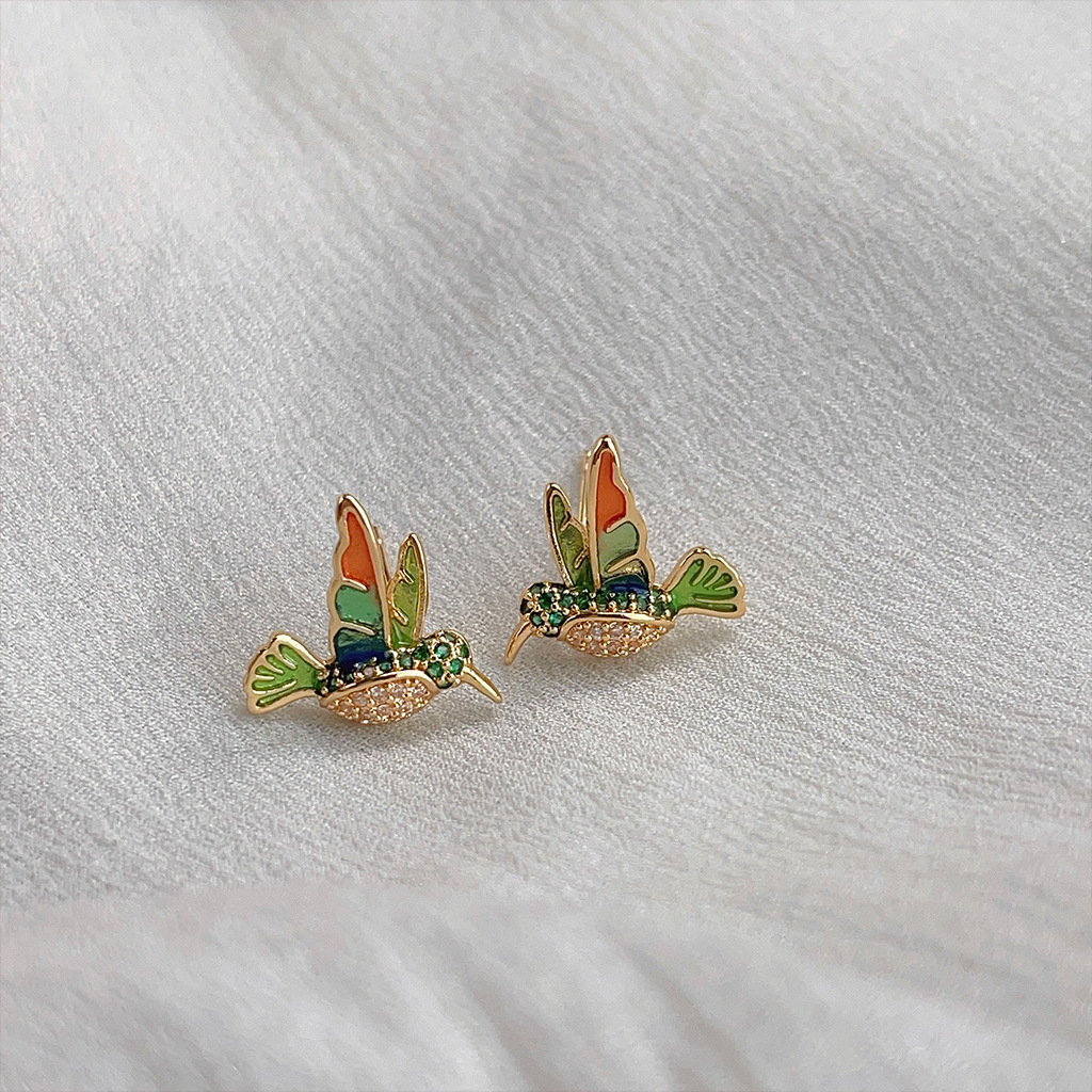 Light luxury style colored enamel drop glaze hummingbird 14K ear studs slightly inlaid zircon three-dimensional bird dynamic and high-end earrings pic 11