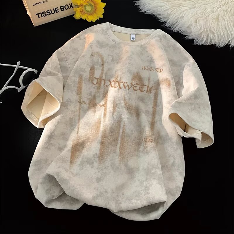 Summer trendy brand American heavy-duty pure cotton short-sleeved T-shirt for men, loose large-sized half-sleeved washed distressed T-shirt base layer pic 18