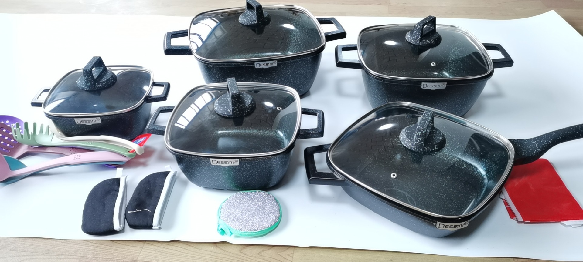 dessini25件套不粘锅方形条纹压铸铝锅麦饭石锅厨房组合锅具套装详情6