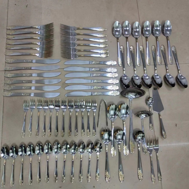 72-piece Western tableware set, 84-piece set, gold-plated Gong Yan stainless steel knife, fork and spoon gift box, wooden box pic 12