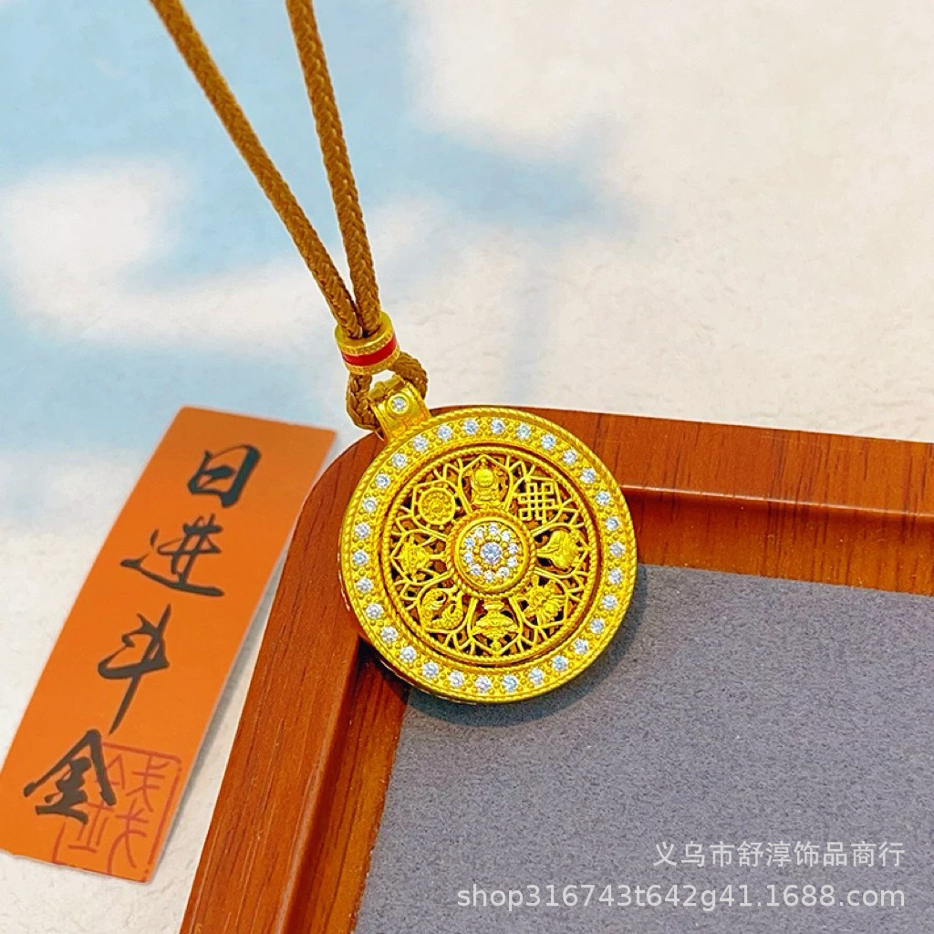 Long-lasting and colorless Vietnamese sand gold diamond-encrusted auspicious eight treasures compass and ruyi rope necklace, rotatable pendant sweater chain for women pic 8