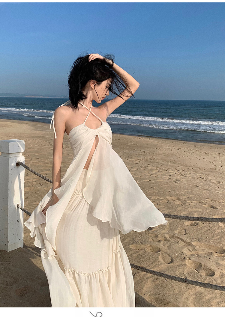 海边度假裙套装纯欲在逃公主超仙露背吊带裙+褶皱大摆半身裙仙女详情10