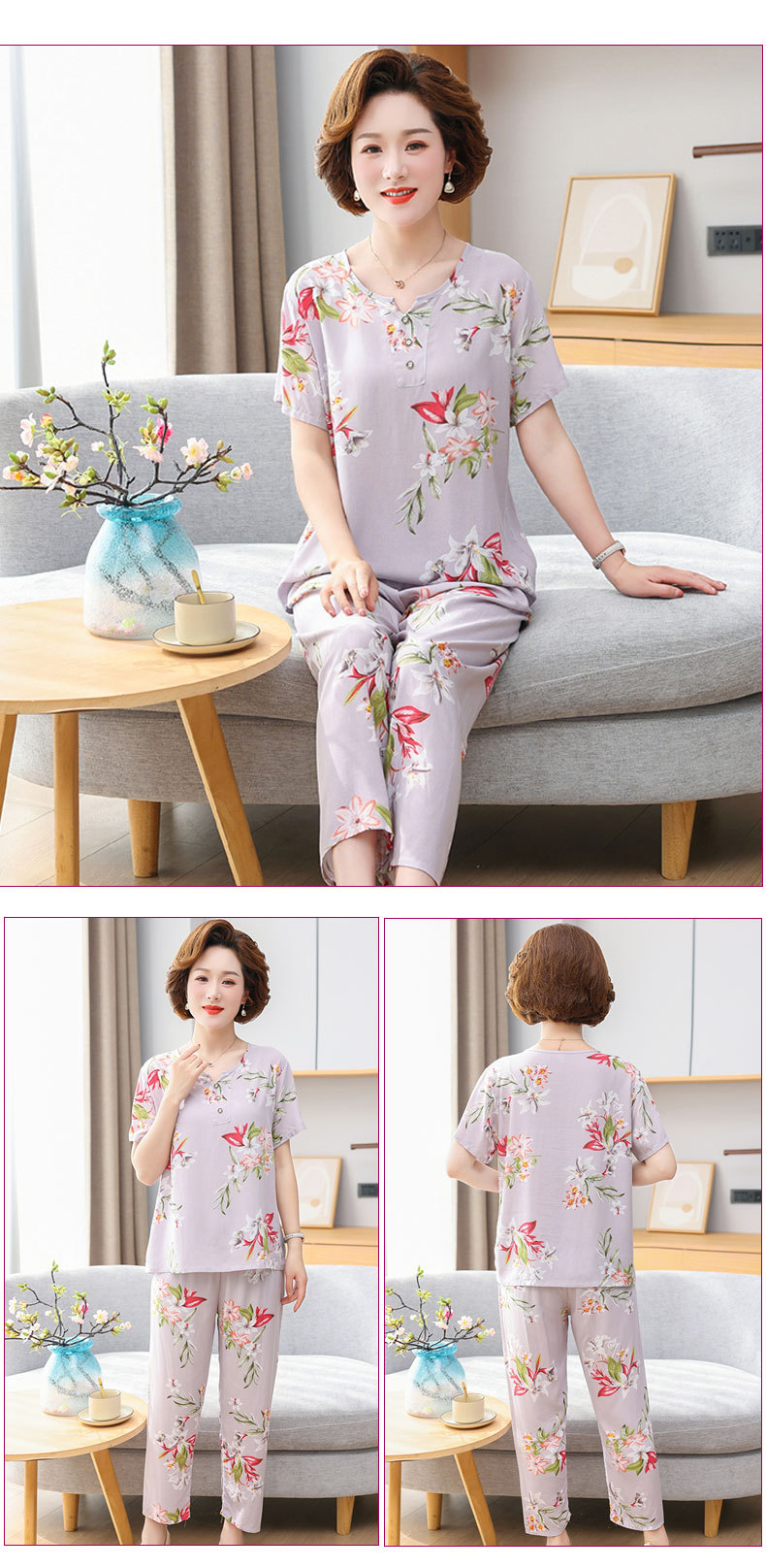 Cotton silk pajamas for women, summer short-sleeved suits, cotton silk for middle-aged and elderly mothers, large-sized artificial cotton home wear for women, suitable for wearing outside pic 12