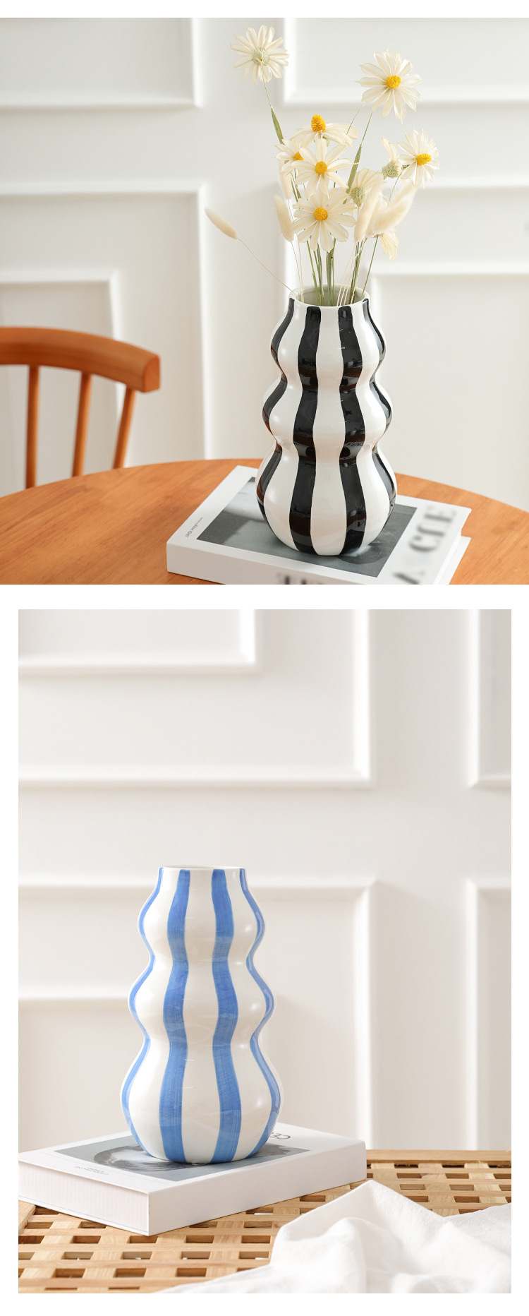 2026 New Nordic minimalist hand-painted striped vase Ceramic decoration, high-end living room flower arrangement, creative home desktop decoration pic 7