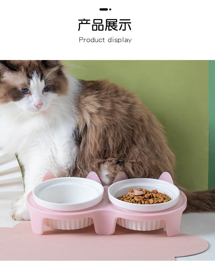 猫碗陶瓷猫食盆猫咪碗宠物碗斜口保护颈椎防打翻双碗喝水喂食一体详情11