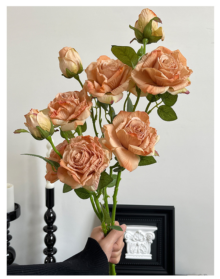 法式复古油画焦边玫瑰高级仿真手捧花束多头假花婚礼拍摄仿生干花详情8
