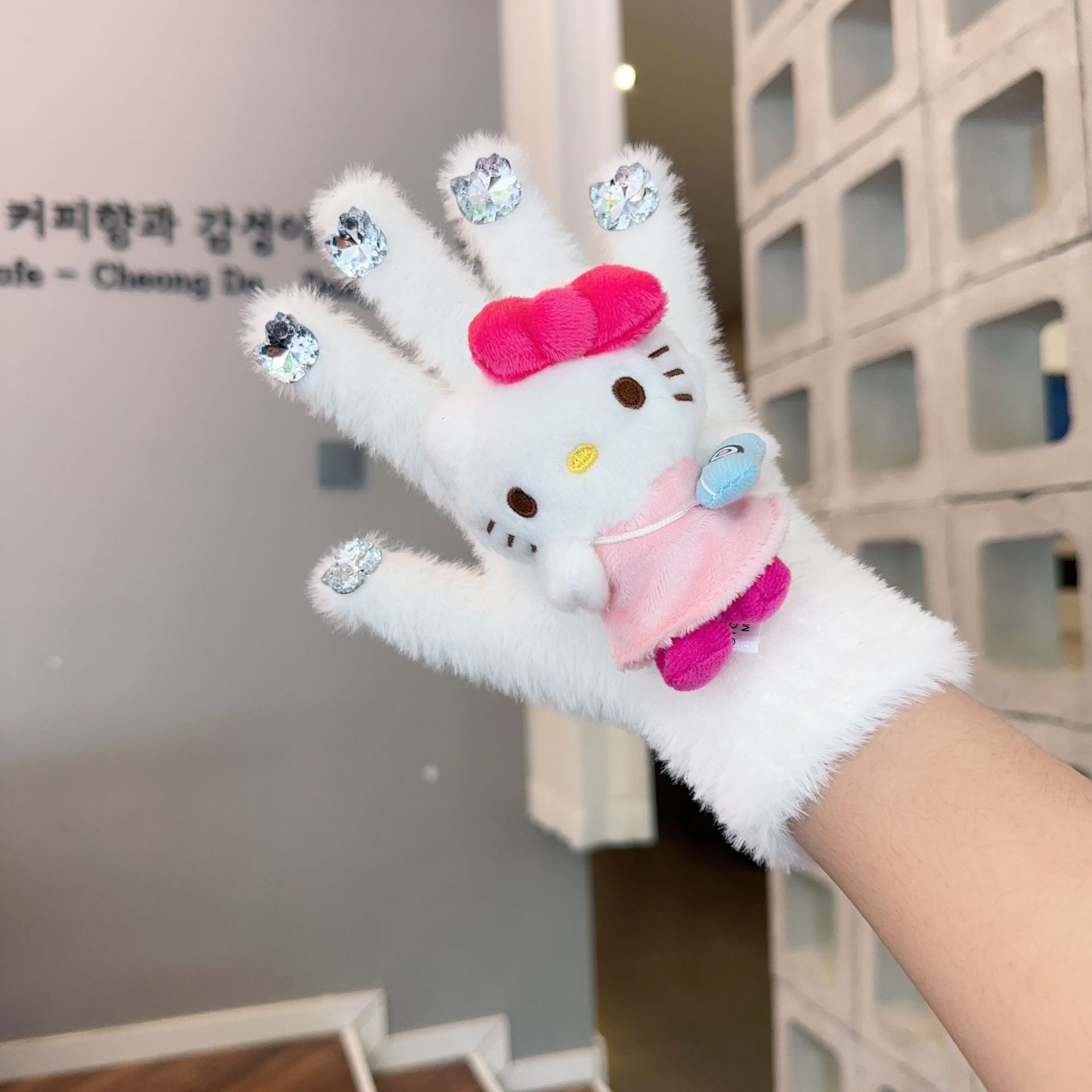 HelloKitty water diamond cute plush gloves for autumn and winter, Kitty Cat doll, warm knitted five-fingered gloves for girls pic 11