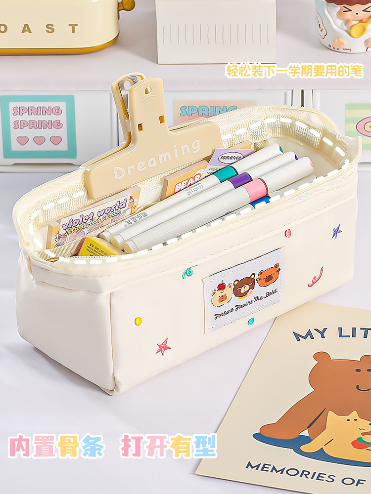 新款日系小众可爱ins三只熊刺绣笔袋大容量高颜值文具收纳袋详情3