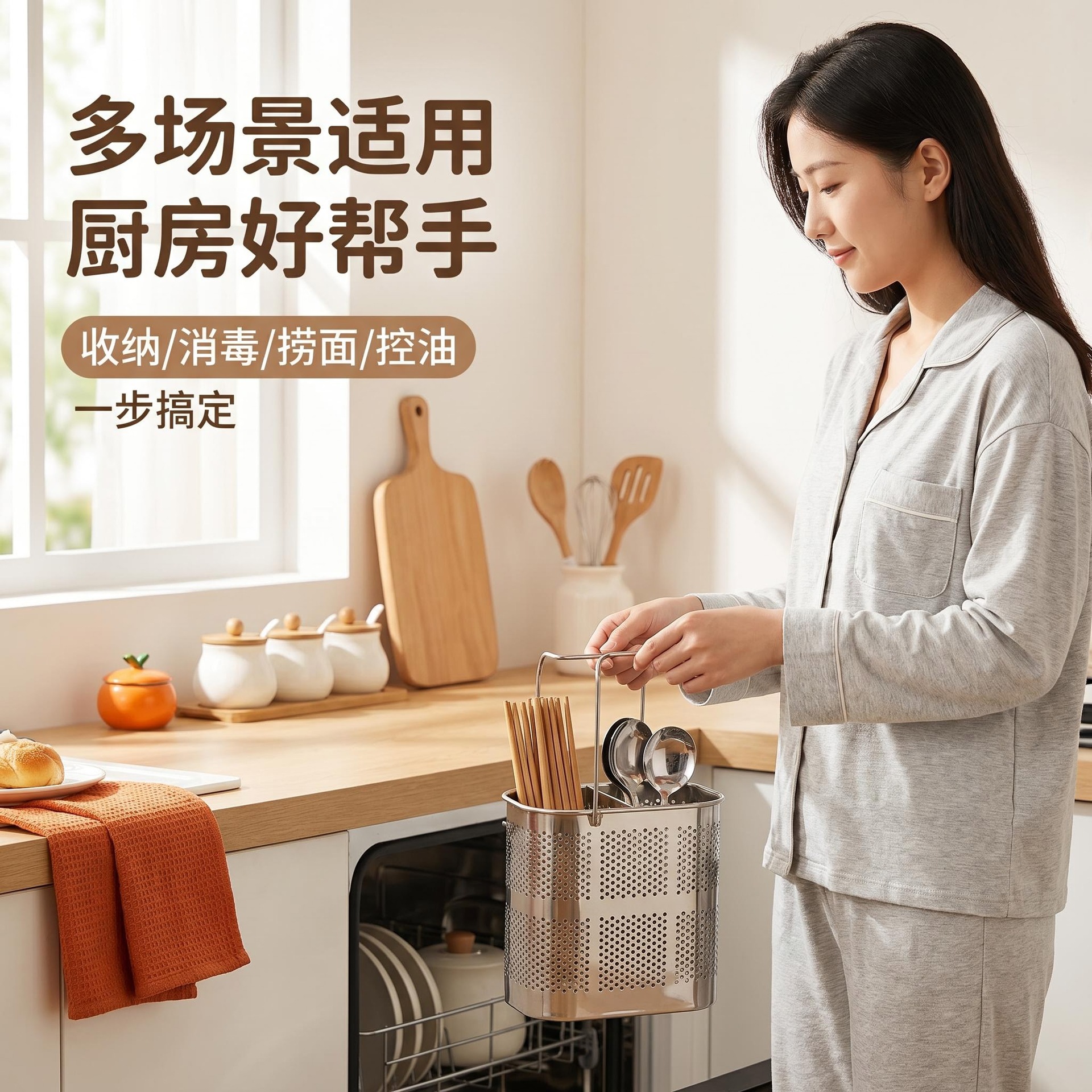 密孔双格筷子筒 不锈钢方形双格筷子筒沥水多功能筷子笼筷子架筷详情2