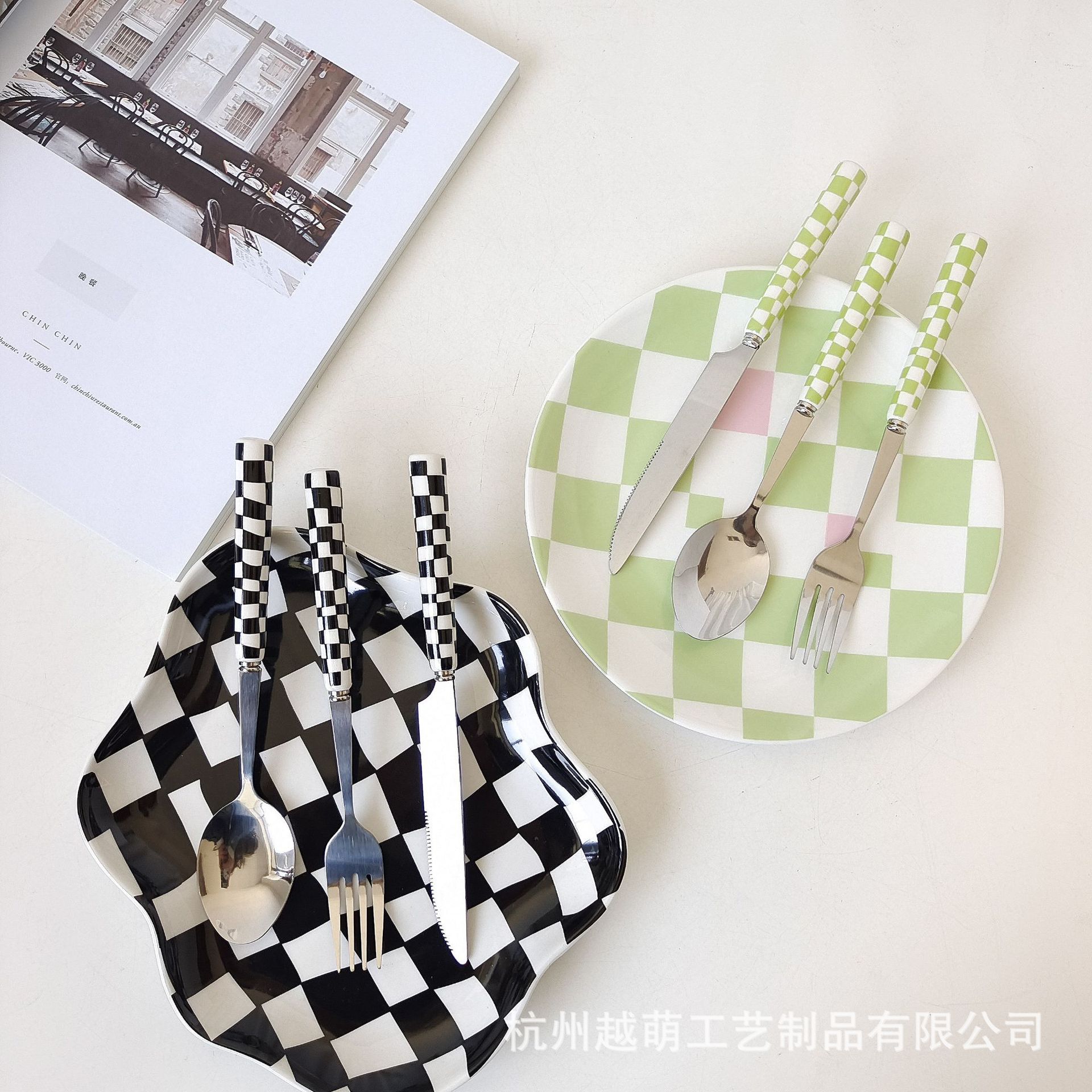 ins风博主同款日韩棋盘格刀叉勺子西餐甜品餐具套装牛排刀不锈钢详情5