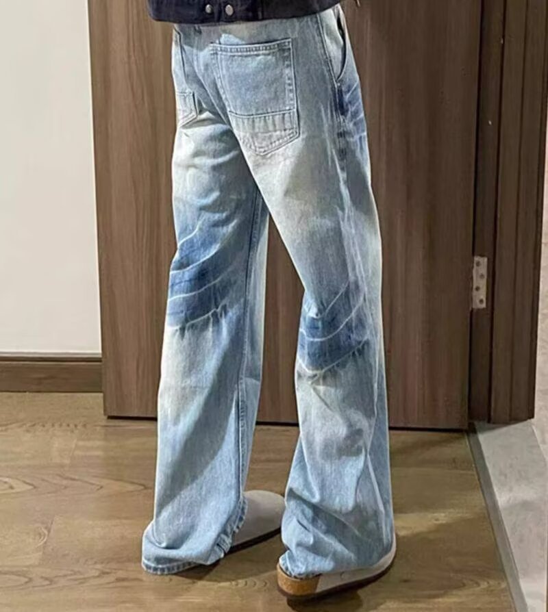 Washed blue straight-leg jeans for men, spring and autumn style American high street vibe pants, cleanfit curved slightly flared trousers pic 2