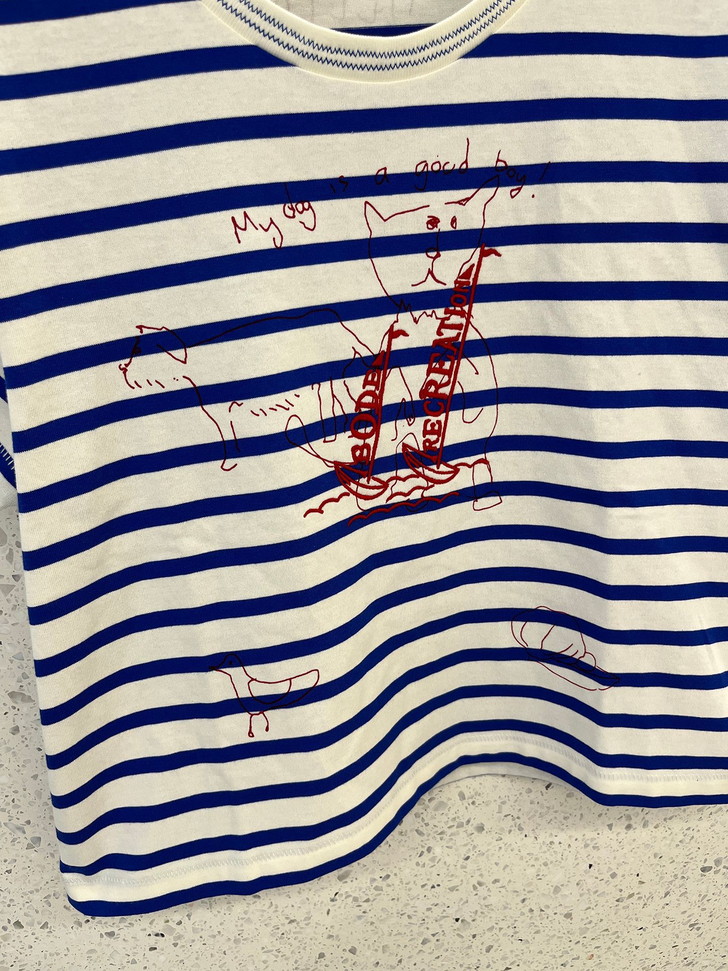 A short striped short-sleeved T-shirt with hand-painted dog letter prints for girls pic 4