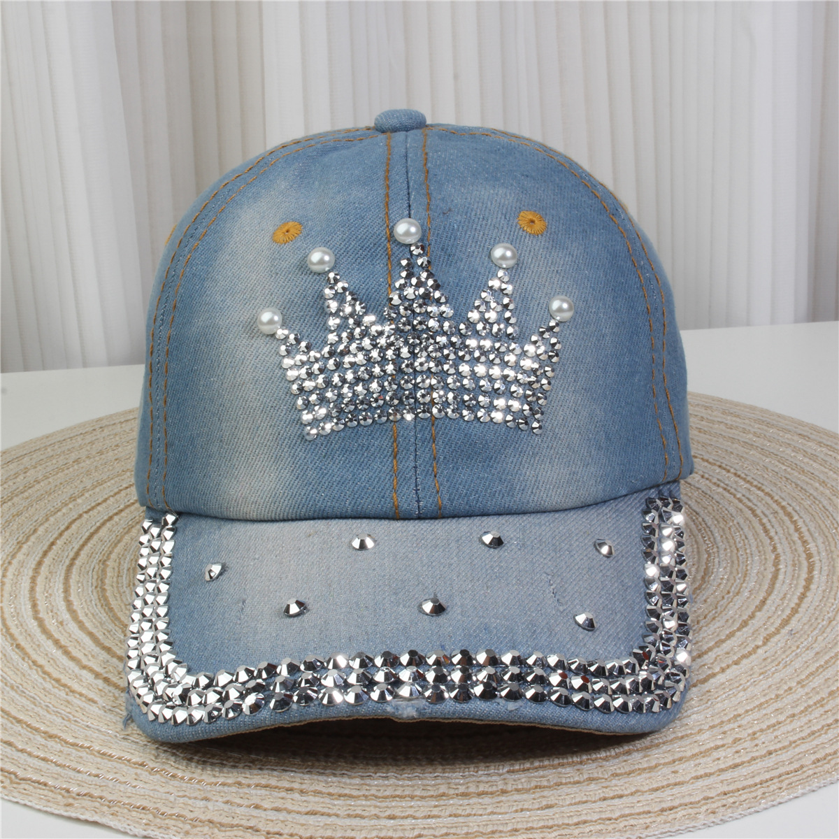 2024新款女士水钻镶钻牛仔布时尚洋气鸭舌帽休闲显脸小成人棒球帽详情11