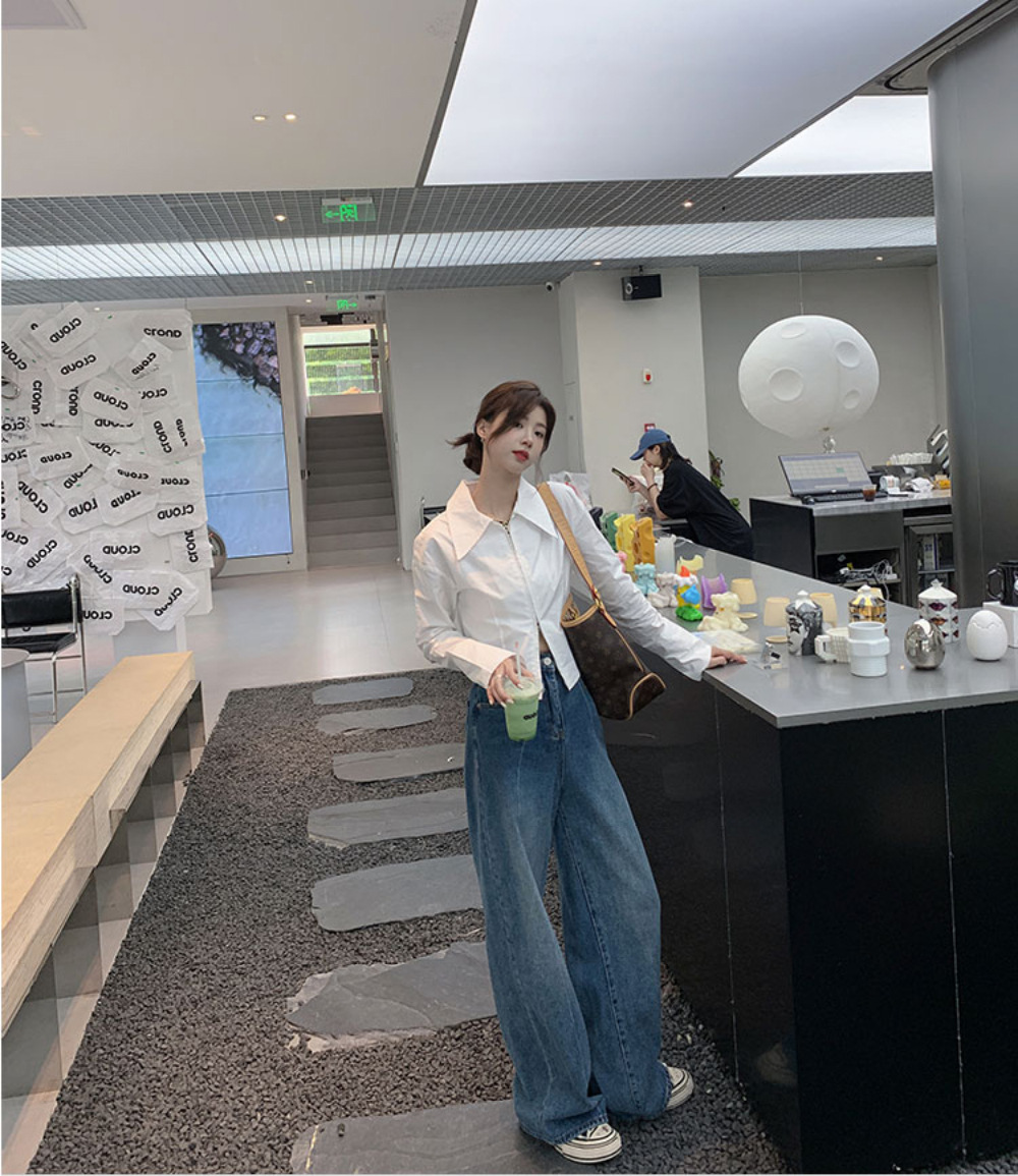 法式气质拉链白色衬衫女春季设计感短款别致上衣内搭打底长袖衬衣详情2