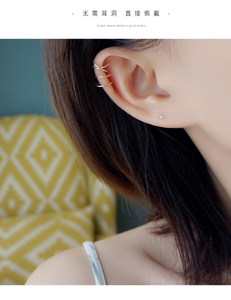 s925 Silver double-line cross ear clips, 2023 New style, trendy, cool and niche, ins black ear clips without ear holes for women pic 6