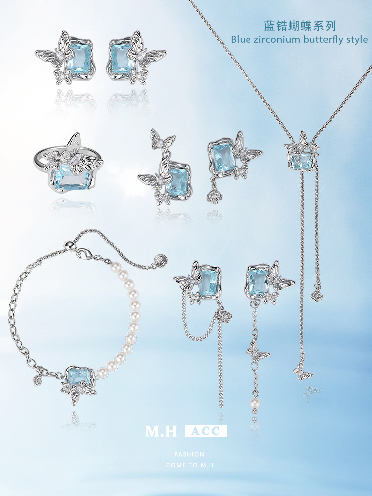Original design blue gemstone butterfly series: Unique, fashionable, versatile, sweet and cool style necklace, bracelet, earrings and ring for women pic 3