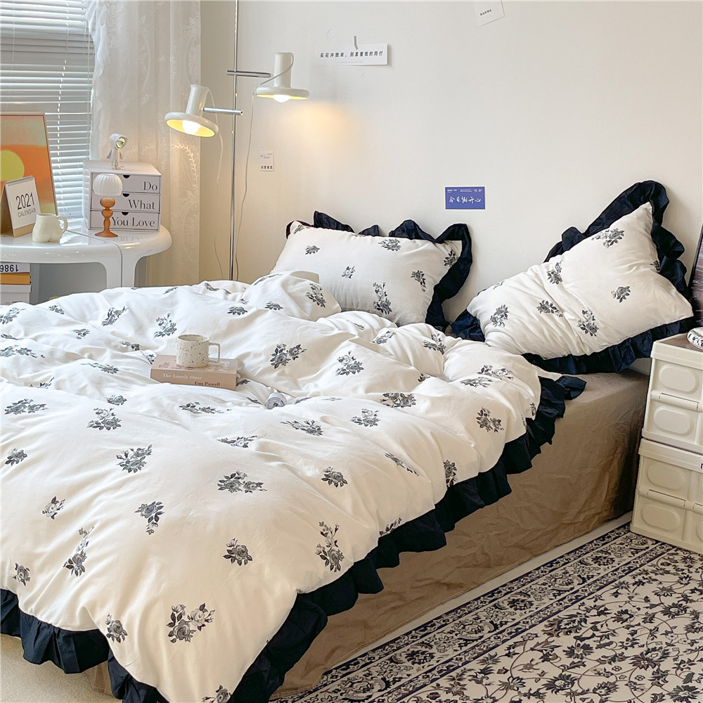 French Hepburn style pure cotton four-piece set, high-end feel, pure cotton black and white sketch flower duvet cover, all-cotton edge bedding pic 43