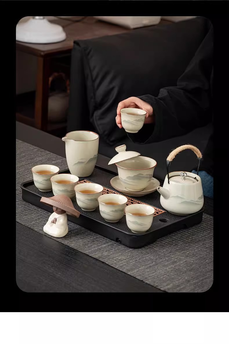 Ru Kiln Gongfu tea set, home living room ceramic tea pot, lid, bowl and tea cup complete set, office high-end tea brewing utensils pic 7