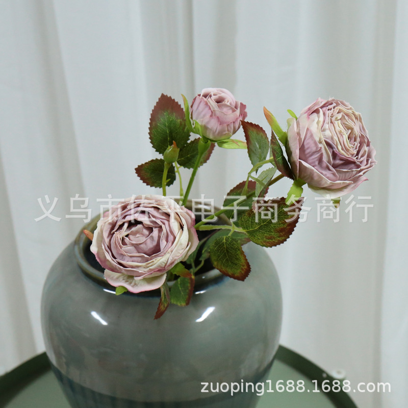 3头烤边玫瑰仿真花家居客厅装饰绢花玫瑰花拍摄道具花橱窗花批发详情13