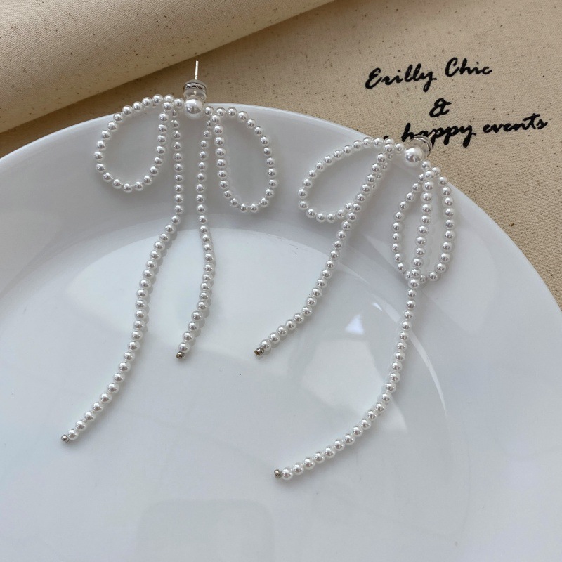 秋冬新手工编织款珍珠蝴蝶结耳钉女s925银针气质小众设计流苏耳环详情13