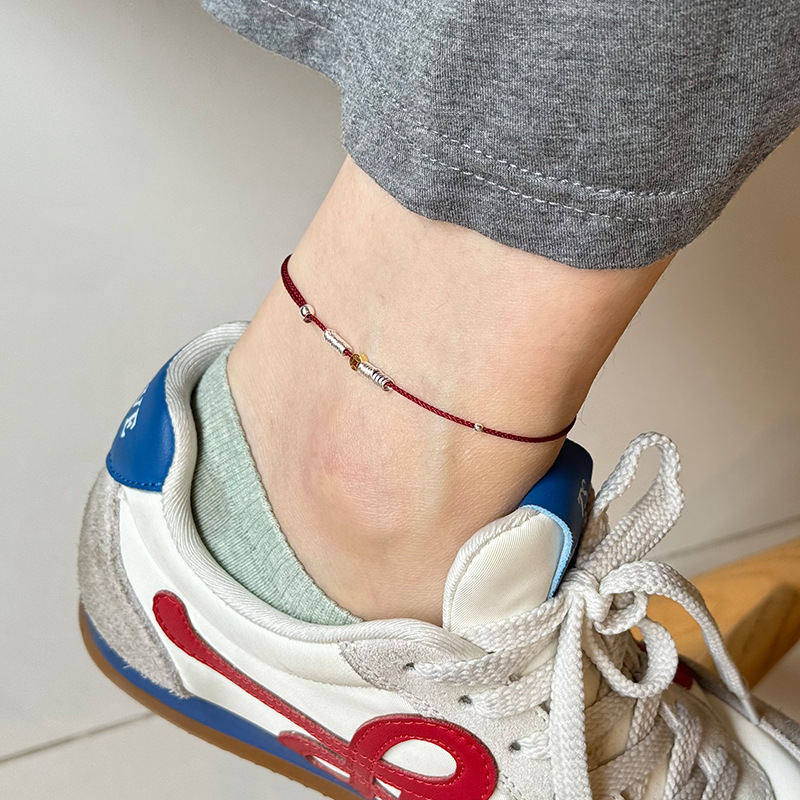 925纯银金银拼色钱币银圈红绳脚链女简约新中式设计脚裸链F4074详情5