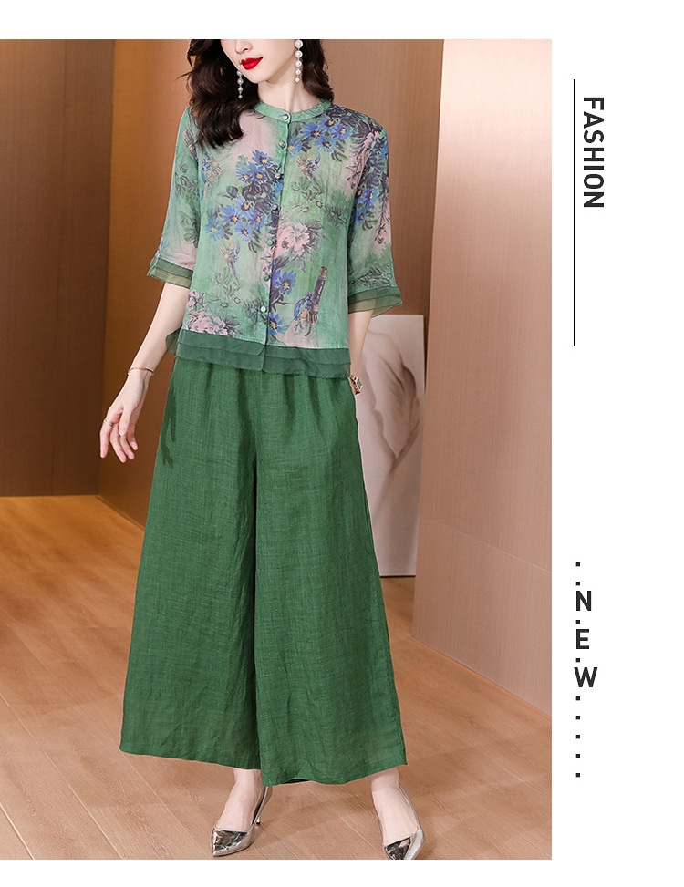 Wide-leg pants set for women, printed ramie shirt top, 2023 new style, retro large-sized cotton and linen pants two-piece set for summer pic 12