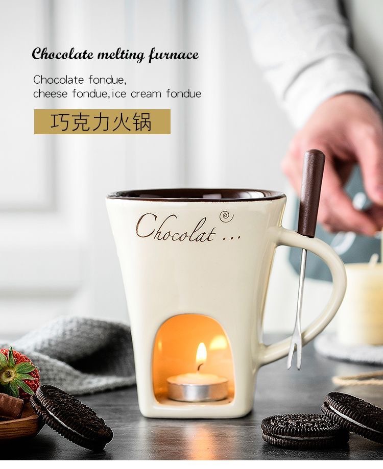 创意巧克力马克杯火锅炉陶瓷杯子冰淇淋奶酪火锅杯情人礼物送叉子详情3