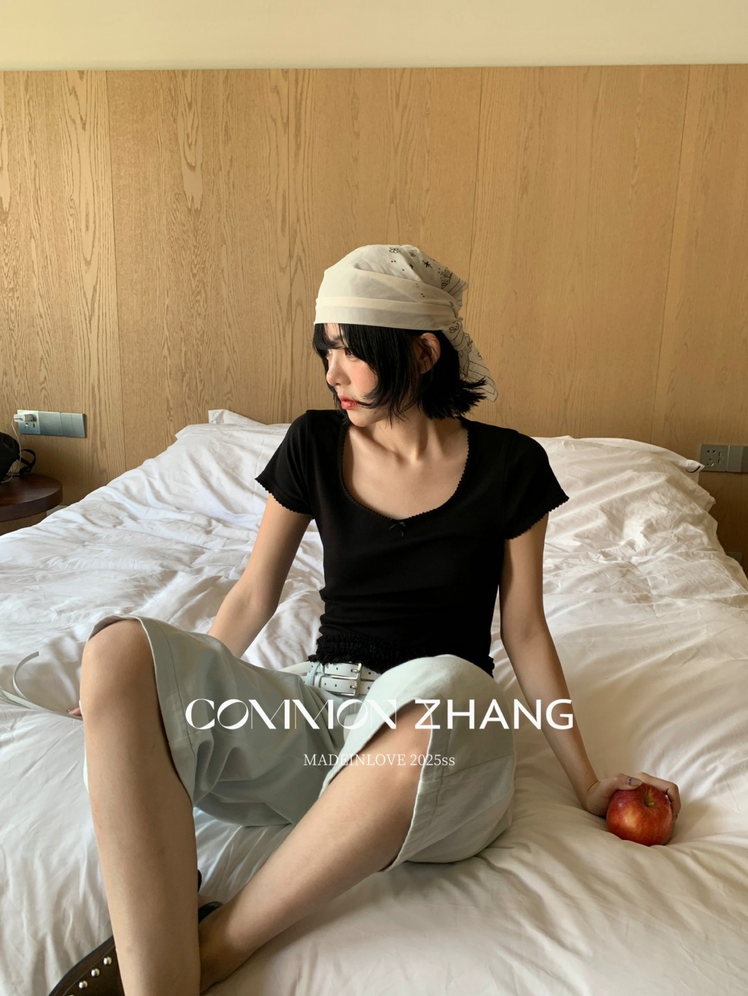 CZ ZHANG夏季韩版少女感减龄蝴蝶结拼接U领纯色天丝短袖T恤B20757详情13