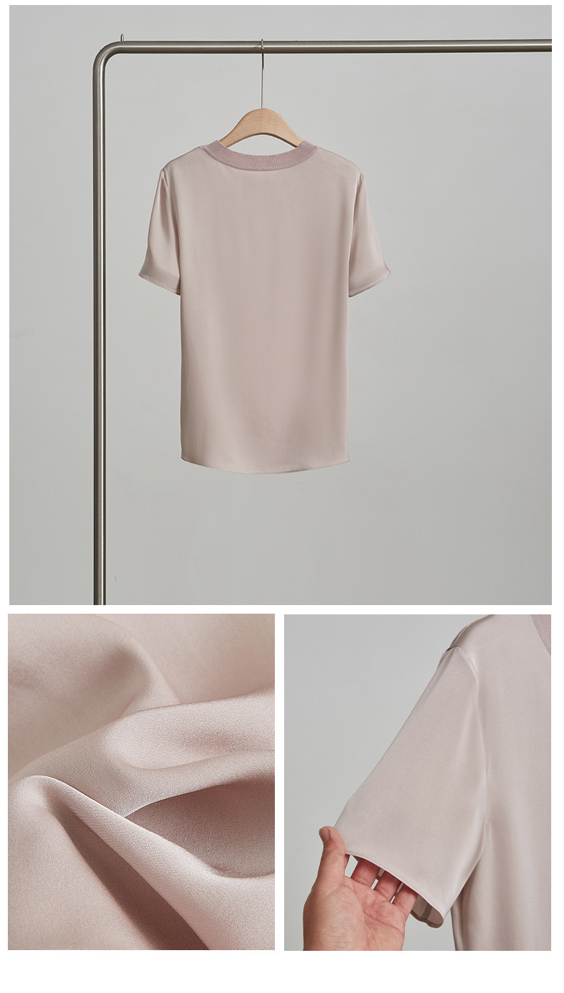 春夏季新品纯色桑蚕丝透气上衣 真丝简约短袖T恤时尚打底上衣女详情14