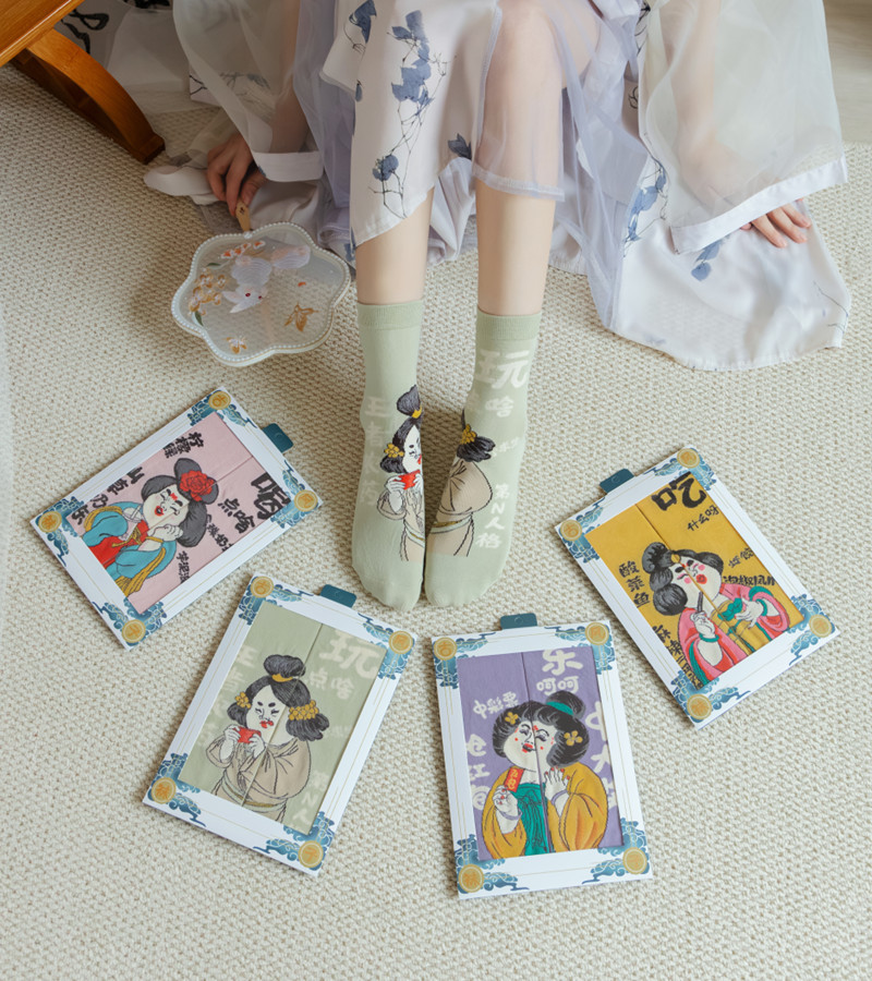 国潮袜子女原创设计古风水墨画AB鸳鸯女棉袜敦煌飞天白蛇传潮流中筒袜详情21
