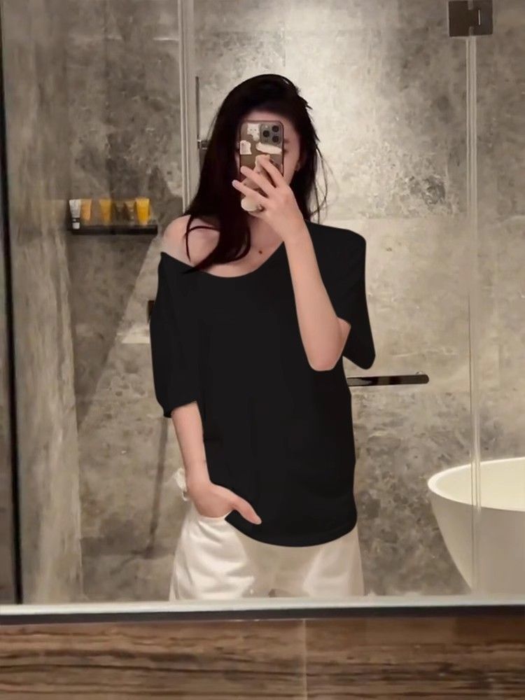 韩版宽松慵懒短袖白色t恤女大U领打底衫夏季薄款显瘦纯色百搭上衣详情7
