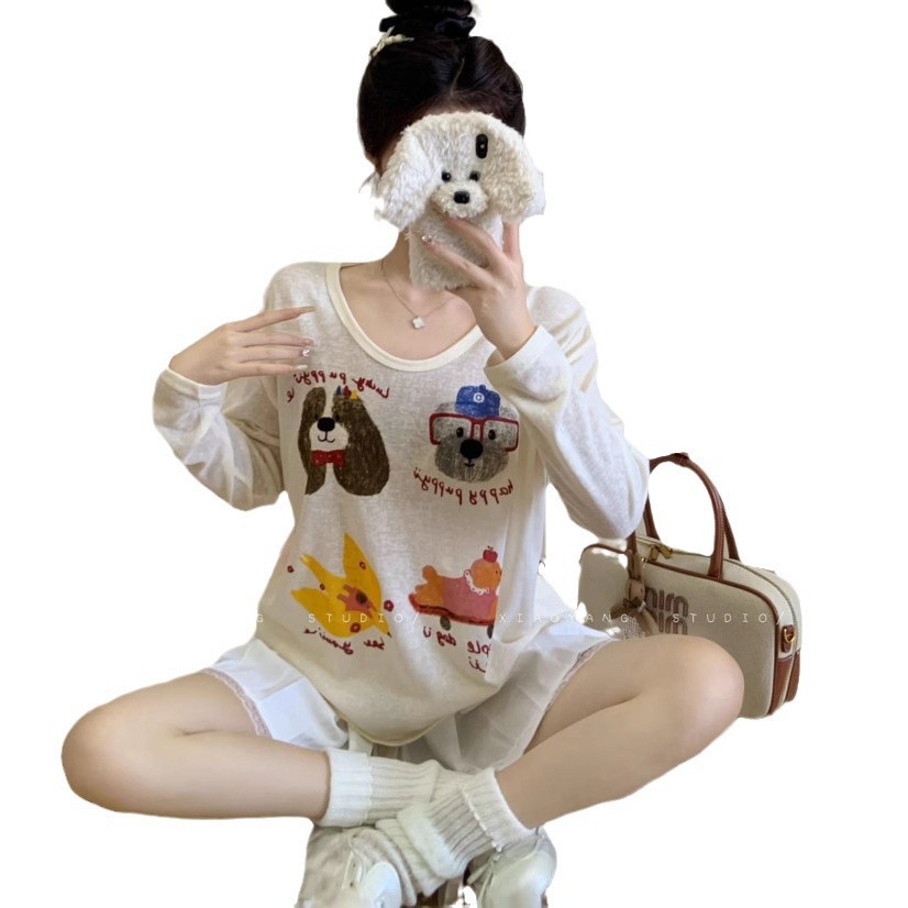 A niche and fun printed long-sleeved T-shirt for women, a thin sun-protective top with a fashionable, laid-back and loose design in autumn pic 10