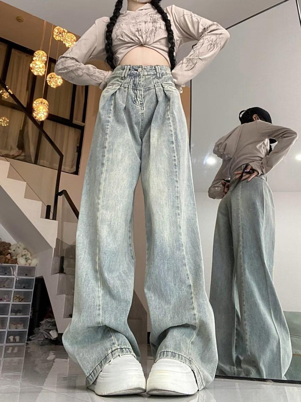 浅色复古阔腿高腰牛仔裤女秋季显瘦宽松大码胖拖地垂感直筒裤子XH详情6