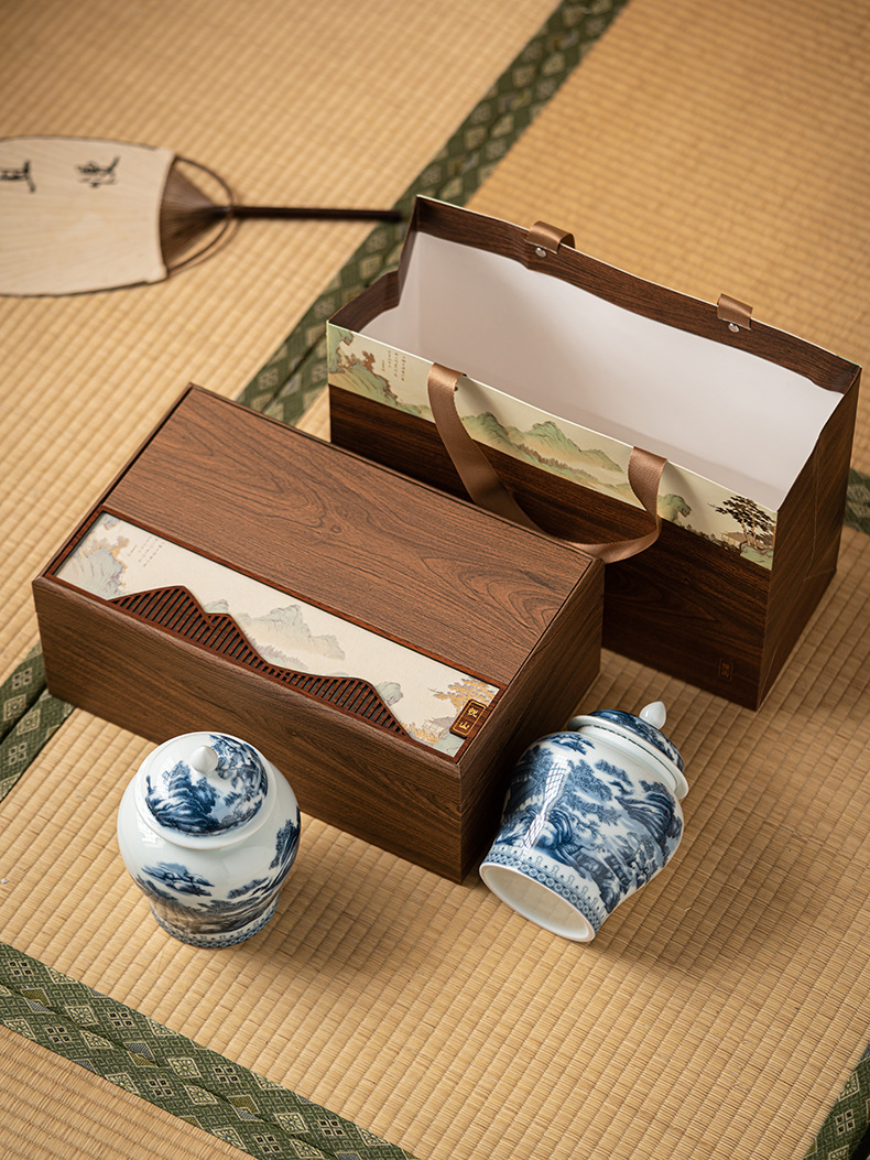 仿古茶叶礼盒包装空盒陶瓷山水茶叶罐龙井绿茶红岩茶通用定制logo详情8
