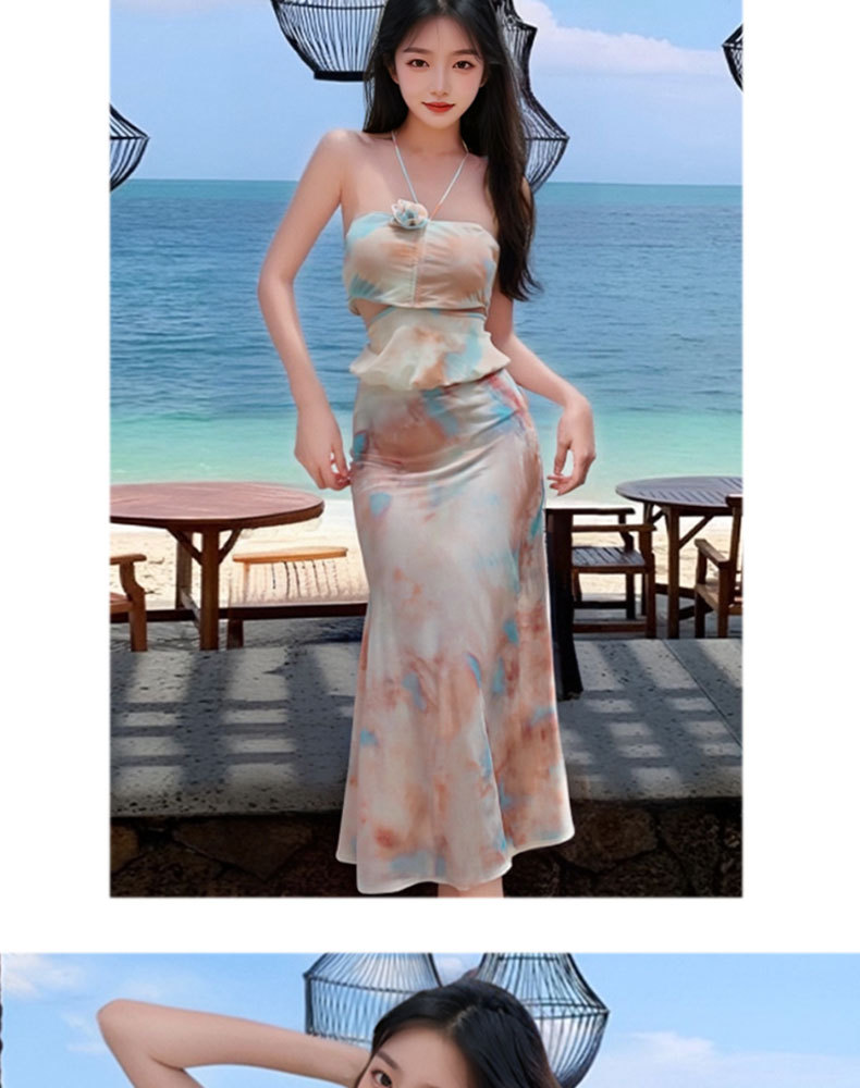 新款扎染挂脖露腰泳衣女2026分体三件套纯欲风辣妹海边度假长裙泳涤亚125200详情9