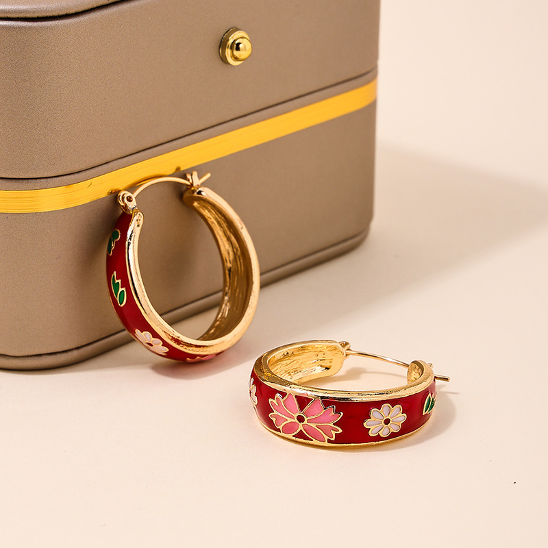 欧美精致复古时尚潮人圆圈耳扣微镶彩色百搭设计感花朵女士耳环详情7