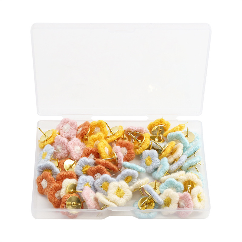 Creative and cute embroidered colorful flowers, 60 dark/light I-shaped nails, plastic box set, metal flat-head nails pic 2