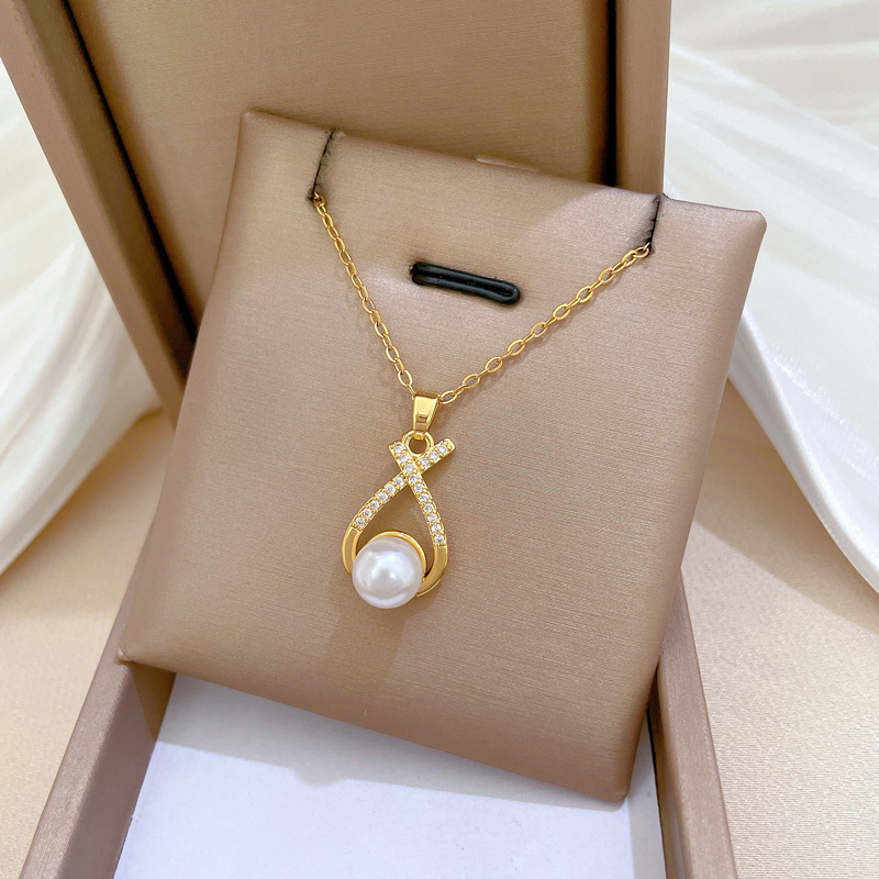 【钛钢】项链耳环套装轻奢满钻交叉珍珠个性气质宴会耳饰项饰组详情8