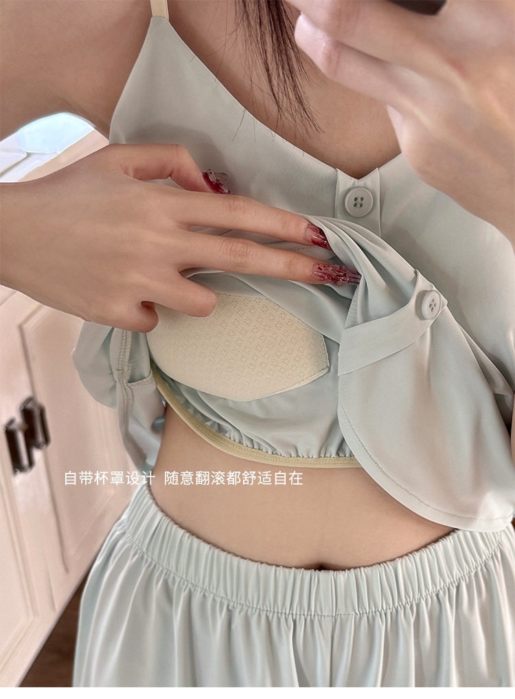 New adjustable set with ice silk in the original color, ice skin chest pad, home wear, buttons, summer halter top and shorts for sleep pic 20